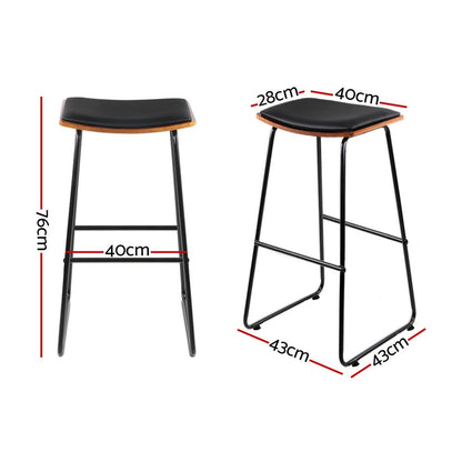 Flynn Leather Padded Timber Bar Stools 76cm Black (Set of 2) - Barstool Express