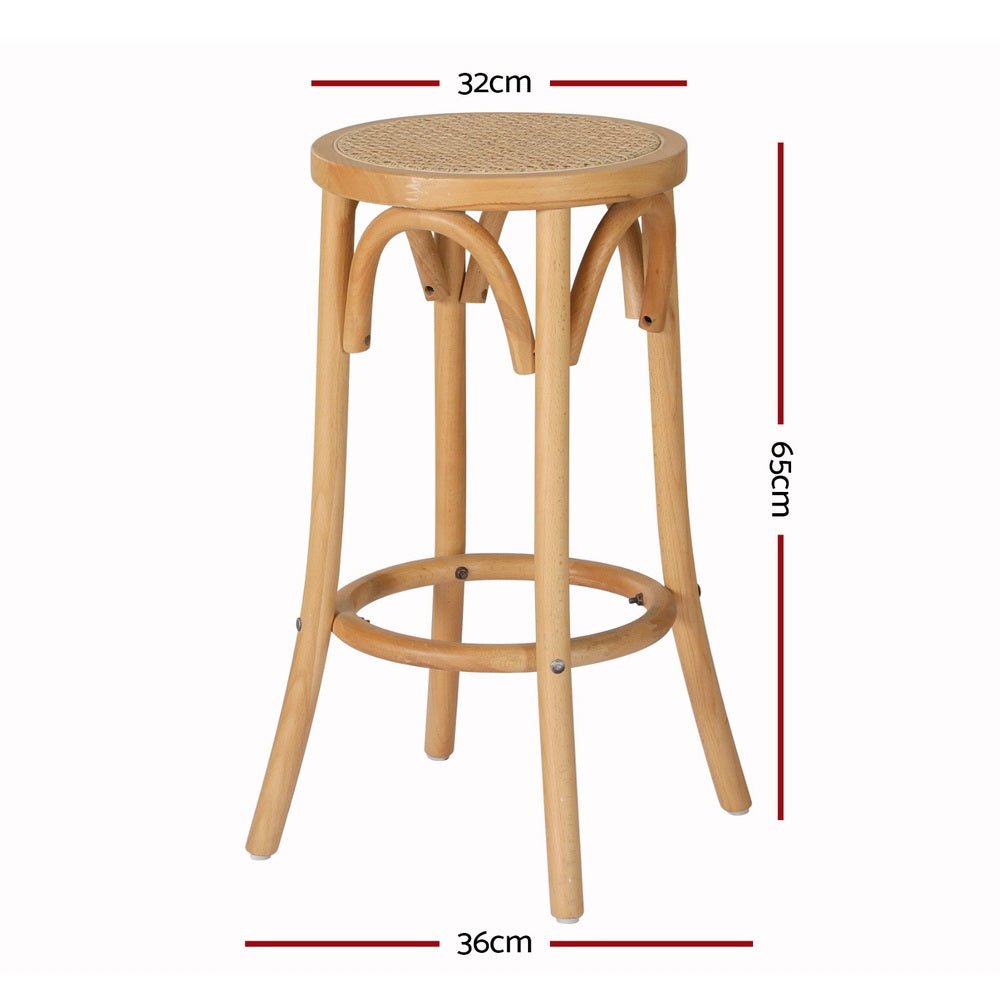 Natural rattan bar stool dimensions showing 65cm height and 32cm seat