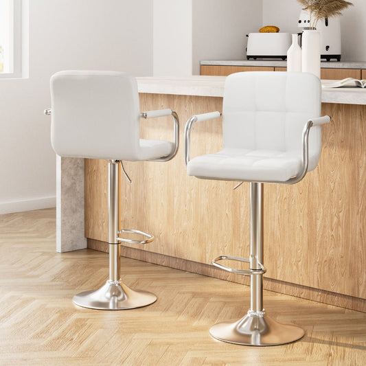 Indi Leather Padded Adjustable Bar Stools w/Armrest White (Set of 2) - Barstool Express