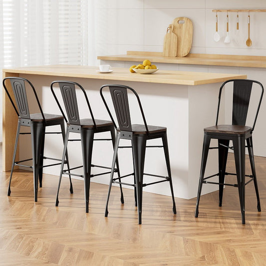 Ivan Industrial Metal Bar Stools 76cm Black & Walnut Wood (Set of 4) - Barstool Express