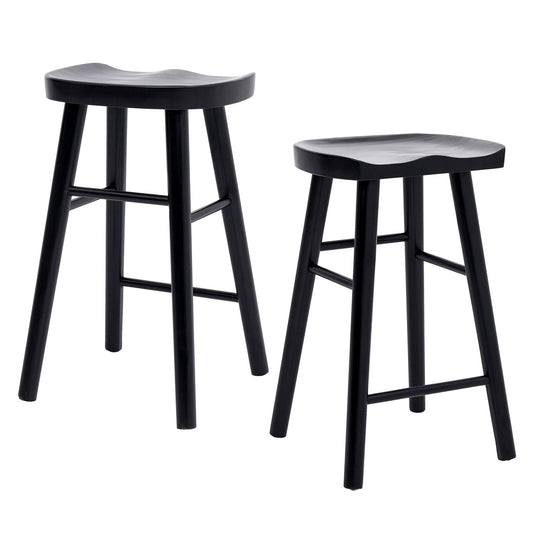 Set of two 65cm Ivor wooden bar stools in black pine wood finish on white background