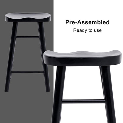 Black bar stool with 'Pre-Assembled' and 'Ready to use' text on a gray background