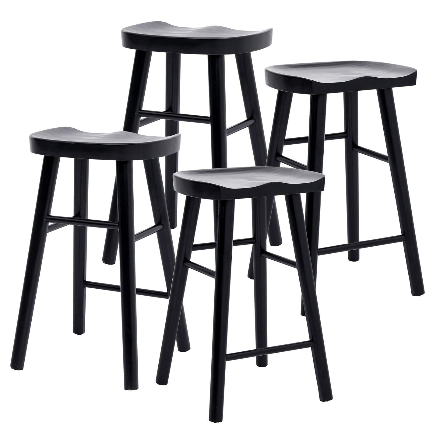 Four black bar stools with gray seats on a white background