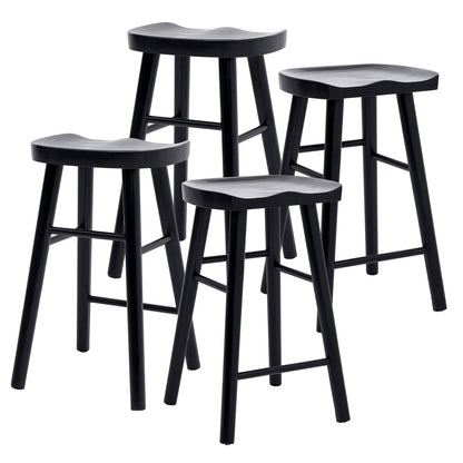 Four black bar stools with gray seats on a white background