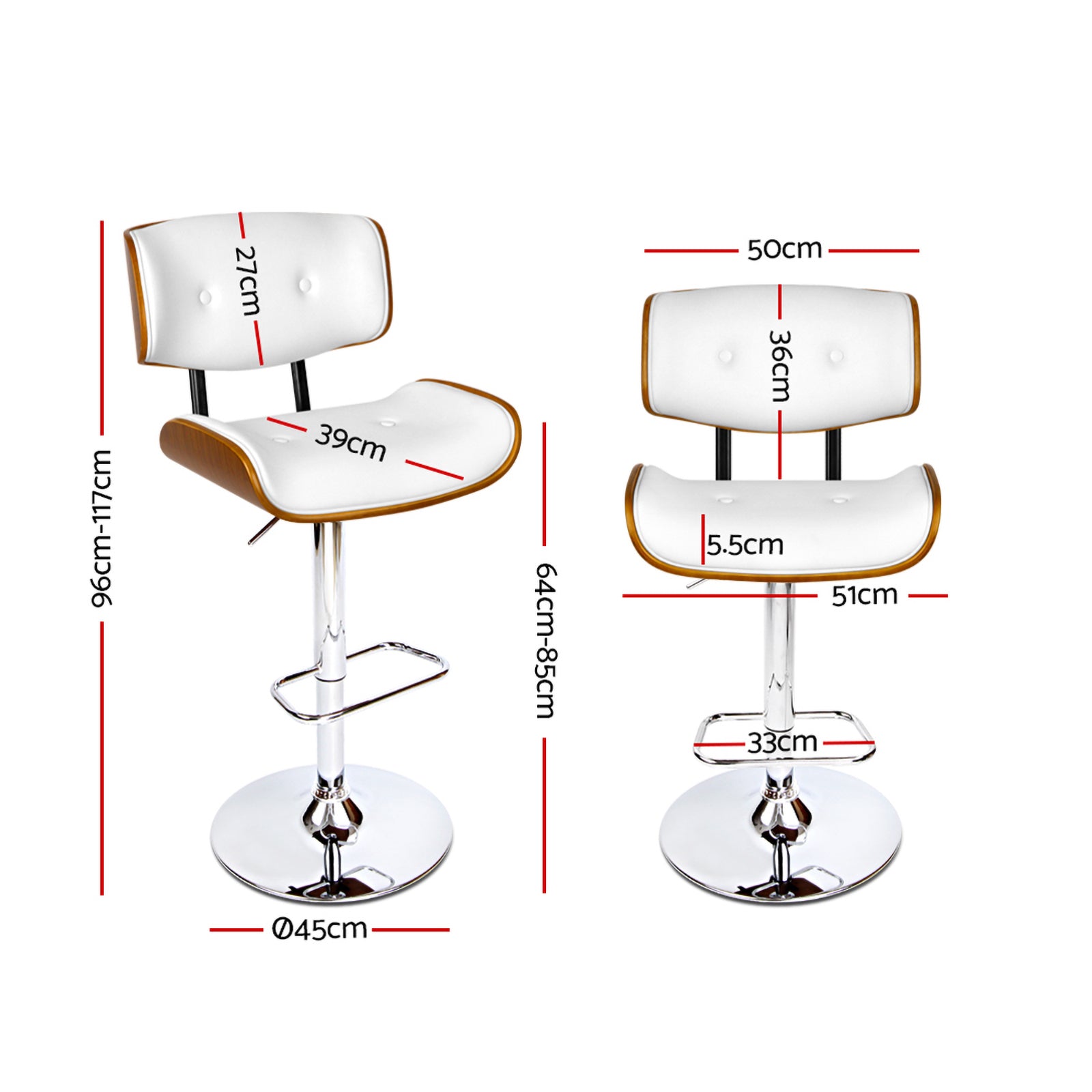 Jace Leather Timber Adjustable Bar Stools Chrome White (Set of 2) - Barstool Express
