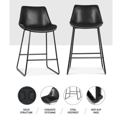 James Leather Bar Stools with Stitching 70cm Black (Set of 2) - Barstool Express