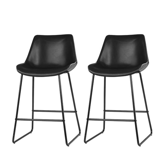 James Leather Bar Stools with Stitching 70cm Black (Set of 2) - Barstool Express