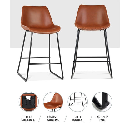 James Leather Bar Stools with Stitching 70cm Brown (Set of 2) - Barstool Express