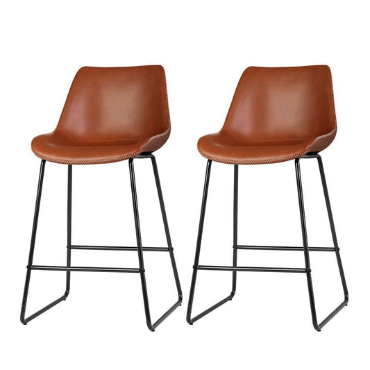James Leather Bar Stools with Stitching 70cm Brown (Set of 2) - Barstool Express