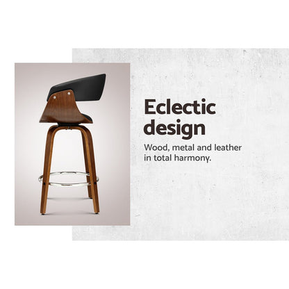 Jasper black PU leather swivel bar stool with walnut-finish timber frame and chrome footrest
