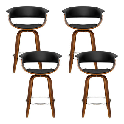 Set of 4 Jasper black PU leather swivel bar stools with walnut-finish timber frames and chrome footrests