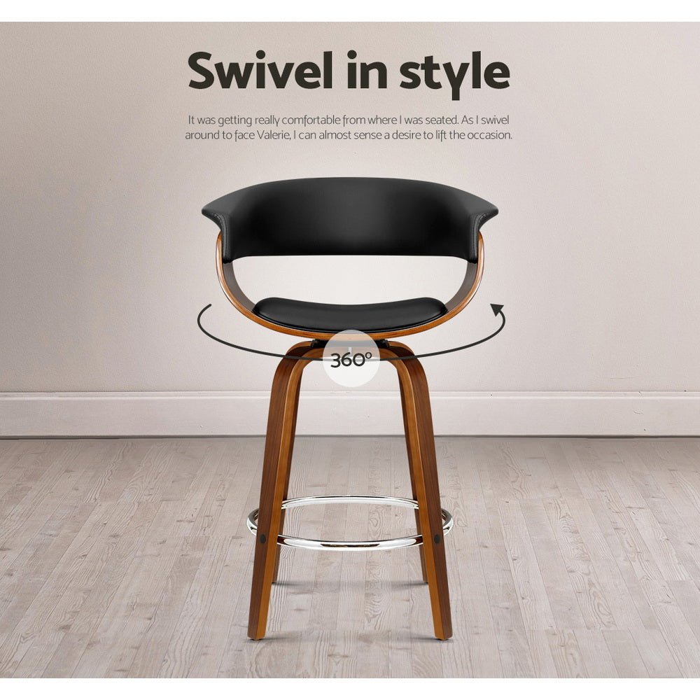 Jasper black PU leather bar stool with walnut-finish timber frame and 360-degree swivel seat