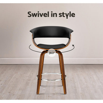 Jasper Leather Timber Swivel Bar Stool 65cm Black - Barstool Express