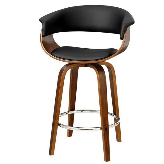 Jasper Leather Timber Swivel Bar Stool 65cm Black - Barstool Express