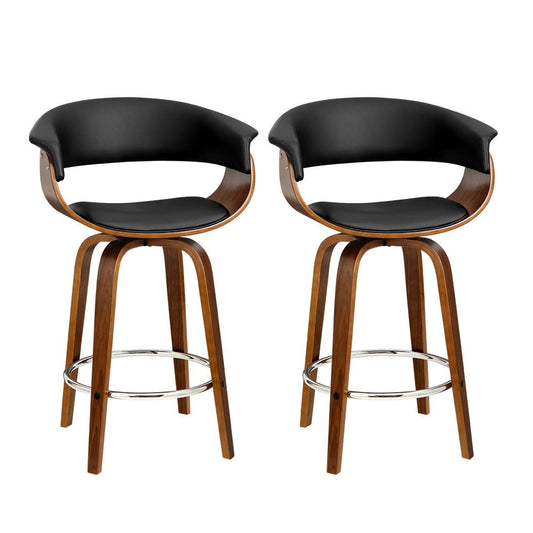 Jasper Leather Timber Swivel Bar Stools 65cm Black (Set of 2) - Barstool Express