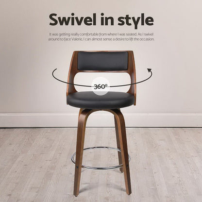 Jock Leather Timber Swivel Bar Stools 65cm Brown & Black (Set of 4) - Barstool Express