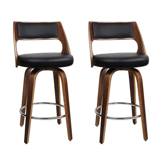 Jock Leather Timber Swivel Bar Stools 76cm Brown & Black (Set of 2) - Barstool Express