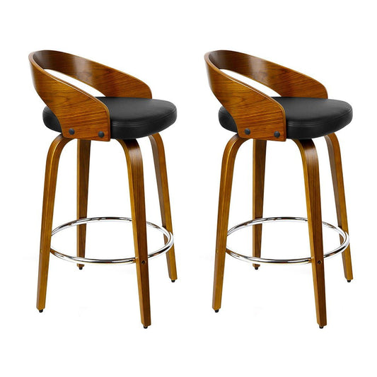 Joel Leather Walnut Wood Swivel Bar Stools 65cm Black (Set of 2) - Barstool Express