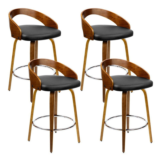 Joel Leather Walnut Wood Swivel Bar Stools 65cm Black (Set of 4) - Barstool Express