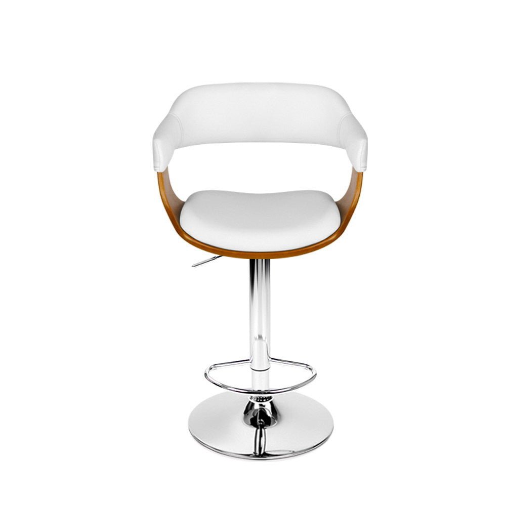 Jono PU leather bar stool with white upholstered seat and curved brown wooden armrests, shown on a clean white background.
