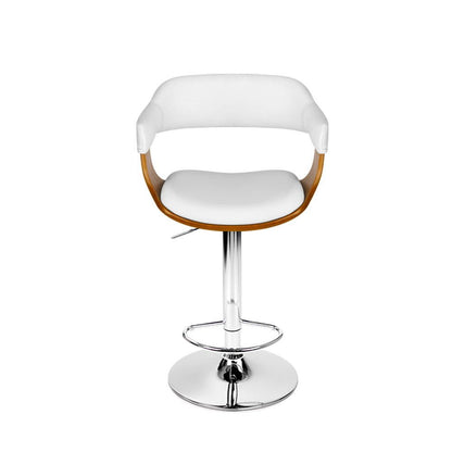Jono PU leather bar stool with white upholstered seat and curved brown wooden armrests, shown on a clean white background.