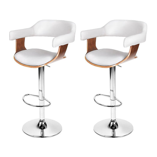 Set of 2 Jono PU Leather Adjustable Bar Stools in White with Timber Features and Chrome Bases