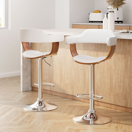 Set of 2 Jono PU Leather Adjustable Bar Stools in White with Timber Features and Chrome Bases