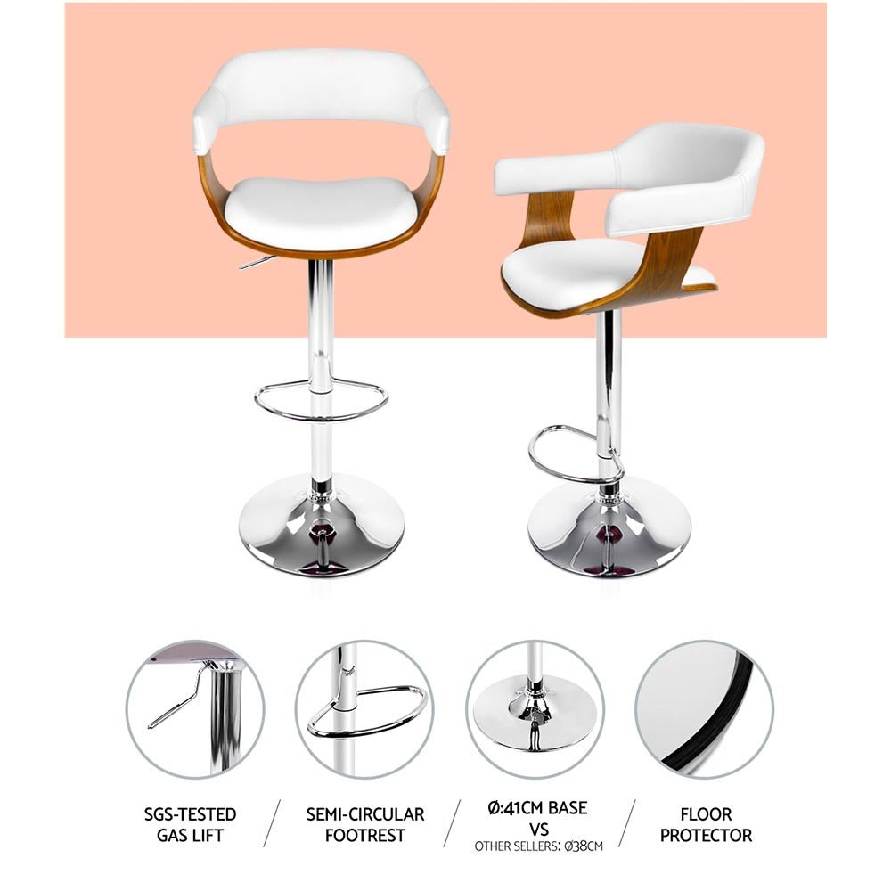 White Jono adjustable bar stool with showing the features of the gas lift, circular footrest and base with floor protector