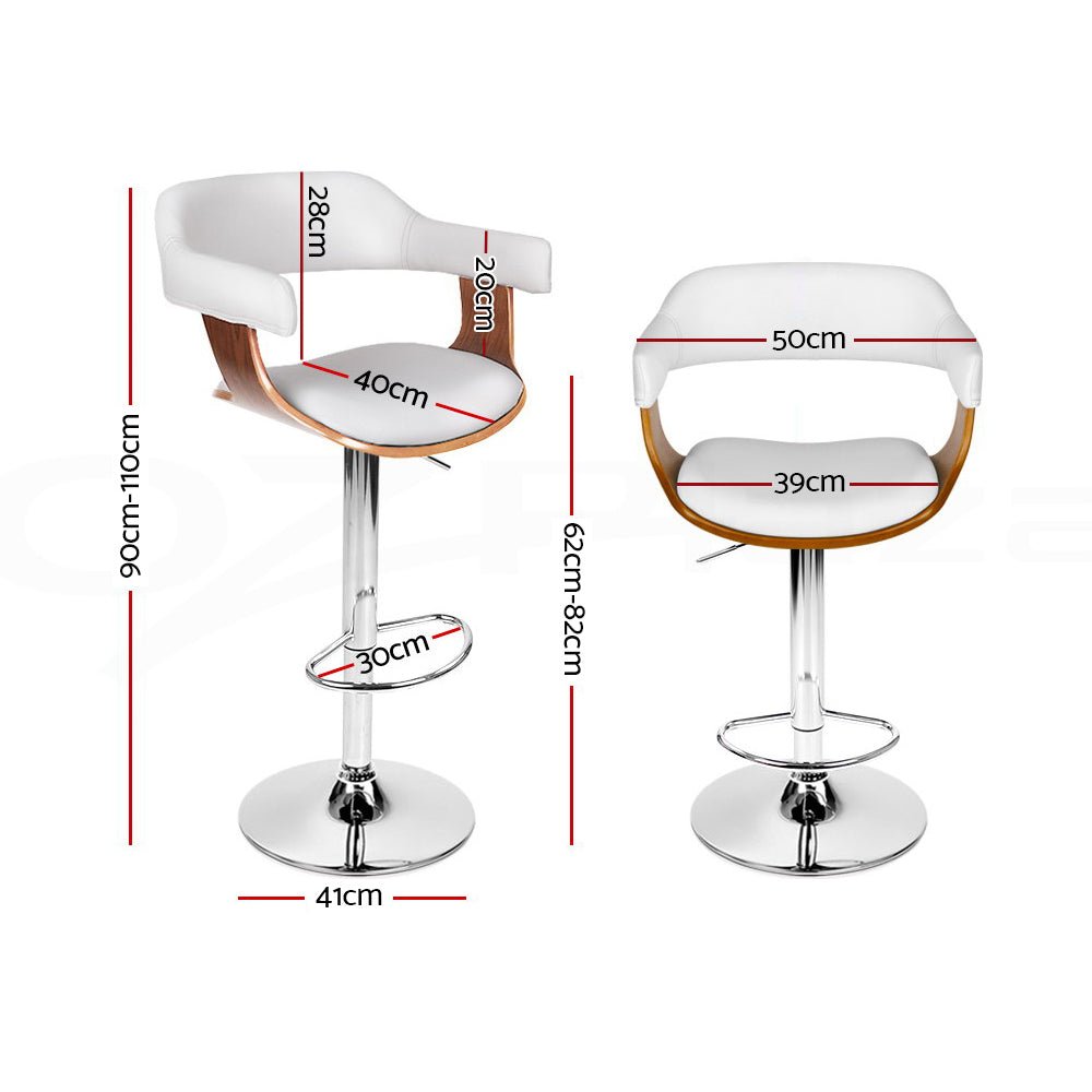 Jono adjustable pu leather bar stools with dimensions on a white background