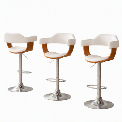 Set of 3 Jono PU Leather Adjustable Bar Stools in White with Timber Features and Chrome Bases
