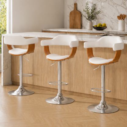 Set of 3 Jono Adjustable PU Leather White Bar Stools in a Modern Kitchen Setting