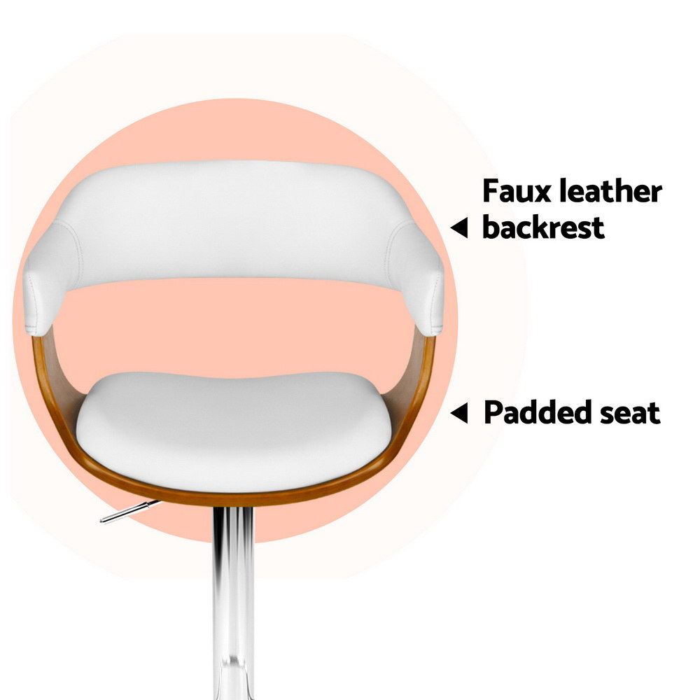 Close up the Jono pu leather bar stool seat with faux leather backrest and padded seat with timber details.