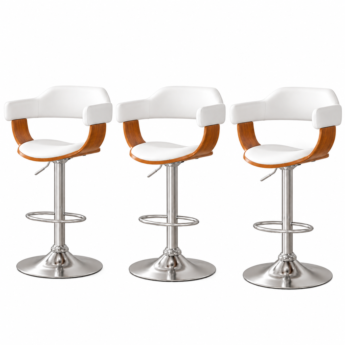 Three matching Jono PU leather bar stools with white upholstered seats and curved brown wooden armrests, shown on a clean white background.