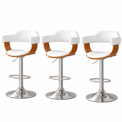 Three matching Jono PU leather bar stools with white upholstered seats and curved brown wooden armrests, shown on a clean white background.