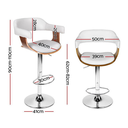 Jono white pu leather bar stool with dimensions marked on a white background