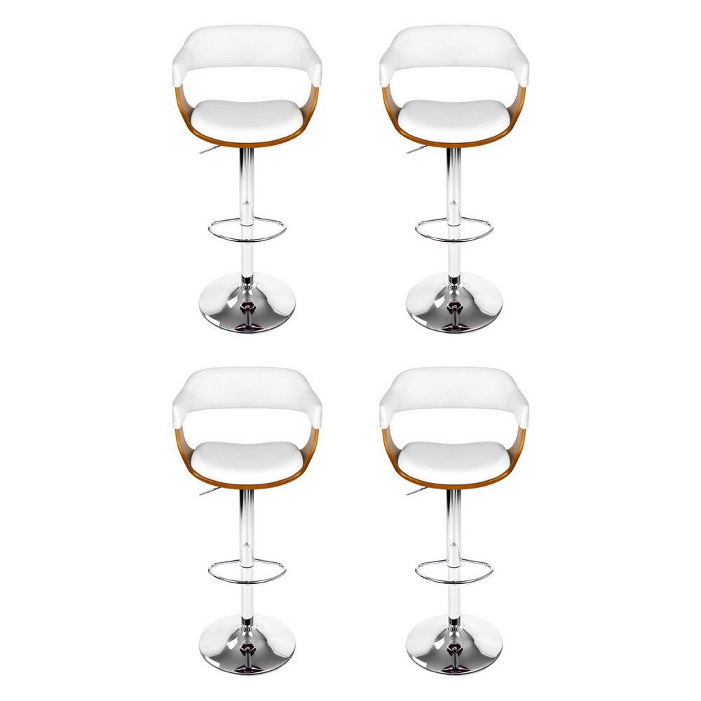 Four matching Jono PU leather bar stools with white upholstered seats and curved brown wooden armrests, shown on a clean white background.