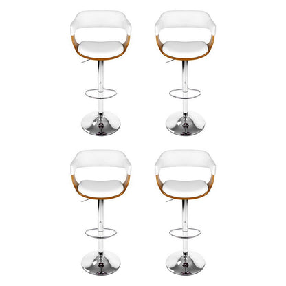 Four matching Jono PU leather bar stools with white upholstered seats and curved brown wooden armrests, shown on a clean white background.