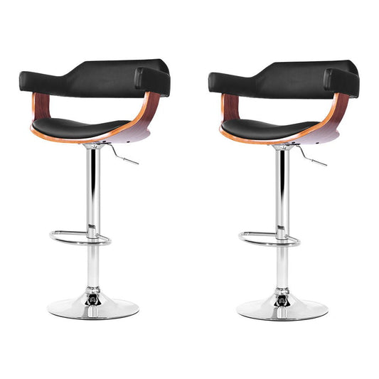 Jono Leather Timber Adjustable Bar Stools Chrome Black (Set of 2) - Barstool Express