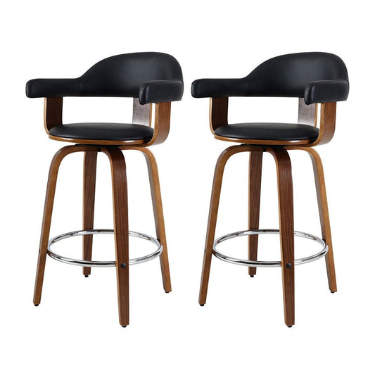 Jono Leather Timber Swivel Bar Stools 63cm Black (Set of 2) - Barstool Express