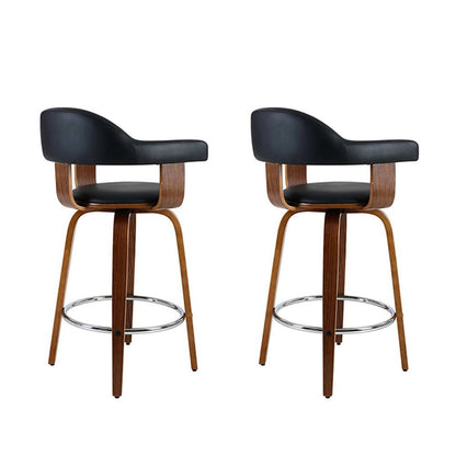 Jono Leather Timber Swivel Bar Stools 63cm Black (Set of 2) - Barstool Express