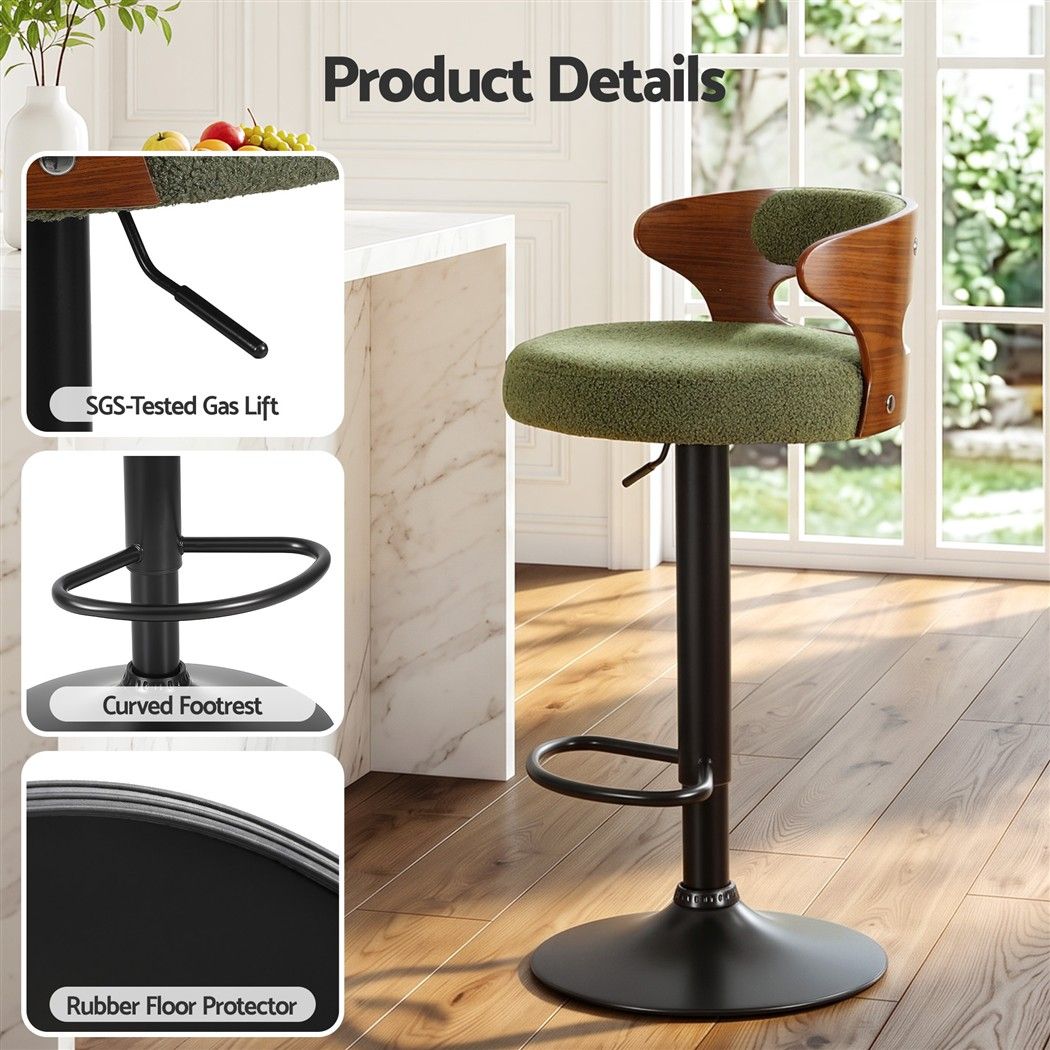 Juna green bouclé bar stool with close-up images highlighting the gas lift, curved footrest and rubber floor protector.