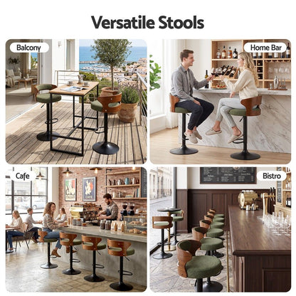 Collage showing Juna green bouclé swivel bar stools in balcony, home bar, café and bistro settings.
