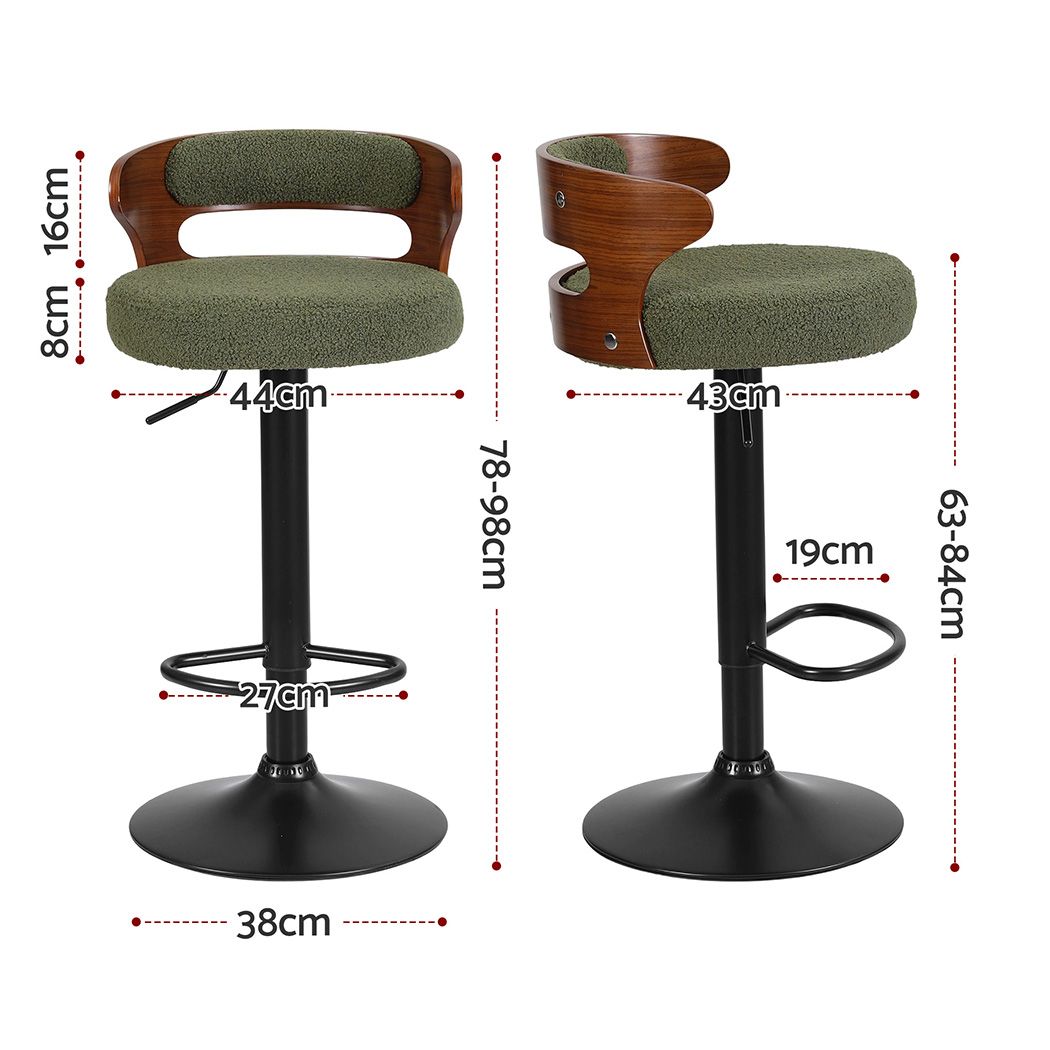 Juna green bouclé adjustable swivel bar stool dimensions showing 44cm width, 43cm depth and adjustable seat height of 63–84cm.