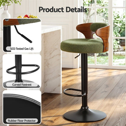 Juna green bouclé bar stool with close-up images highlighting the gas lift, curved footrest and rubber floor protector.