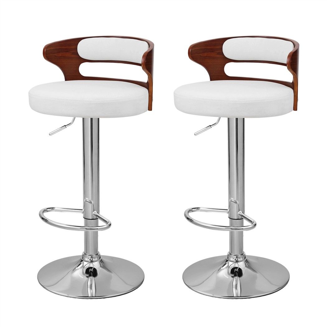 Set of 2 Juna white pu leather adjustable swivel bar stools with curved walnut-look backrests and chrome pedestal bases on a white background.