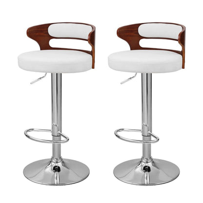 Set of 2 Juna white pu leather adjustable swivel bar stools with curved walnut-look backrests and chrome pedestal bases on a white background.