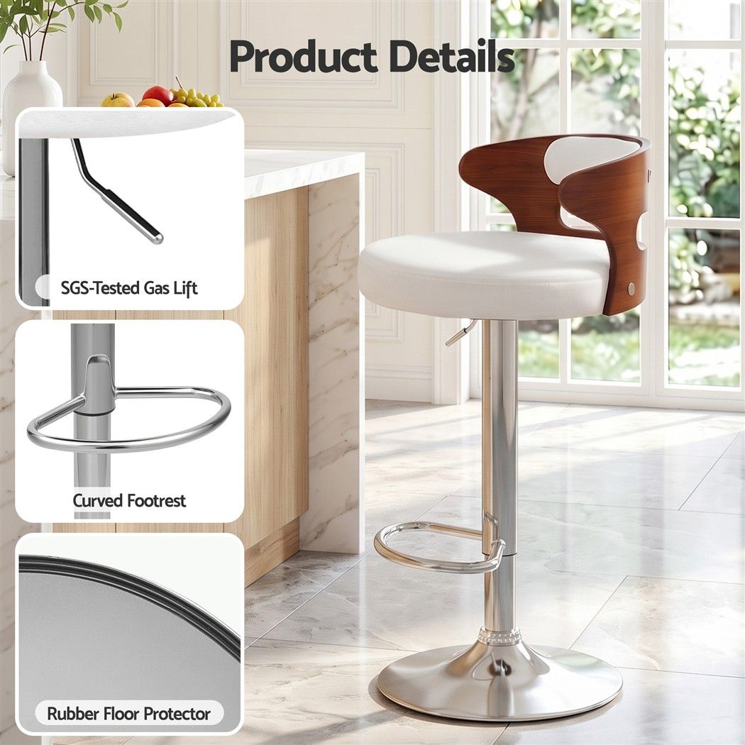 Juna white pu leather bar stool with close-up images highlighting the gas lift, curved footrest and rubber floor protector.