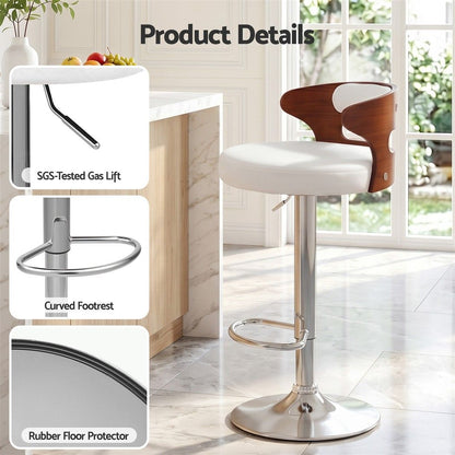 Juna white pu leather bar stool with close-up images highlighting the gas lift, curved footrest and rubber floor protector.