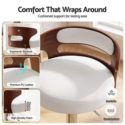 Close-up of Juna white pu leather bar stool showing curved padded backrest, upholstered seat and high-density foam cushion.