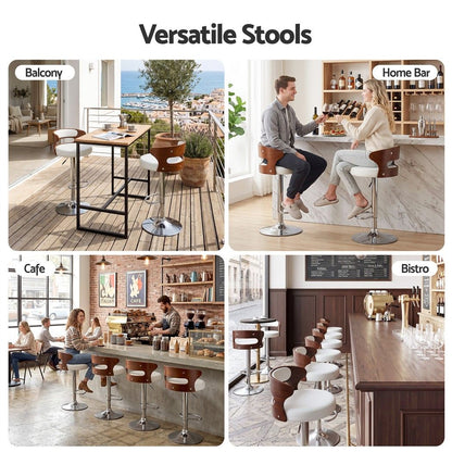 Collage showing Juna white pu leather swivel bar stools in balcony, home bar, café and bistro settings.